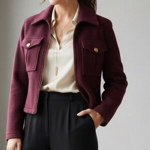 Elegant Burgundy Wool Utility Jacket Vintage 90s cropped military style